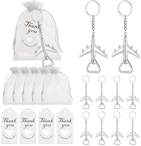 50 abrebotellas de avión con llavero y llaveros para recuerdos de boda, regalos de despedida de soltera para invitados o para hacer regalos de asistente de vuelo para un viaje, incluye bolsa de