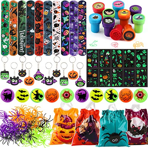 Shinelee 80 PCs Halloween Party Bag Fillers for Kids Halloween Pinata Stamps Bouncy Balls Slap Band Keyring Spider Ring Glow in The Dark Tattoos Party Bags for Kids Halloween Party Favours