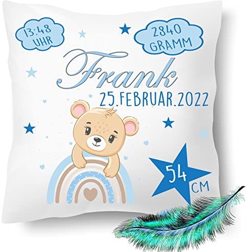 Personalisierbares Kissen zur Geburt für Jungen und Mädchen, Geburtskissen mit Namen, Geschenk, bedrucktes Teddy Kissen | Dekokissen, Zierkissen, Taufe | Kuschelkissen 40X40 (mit Kissenfüllung)