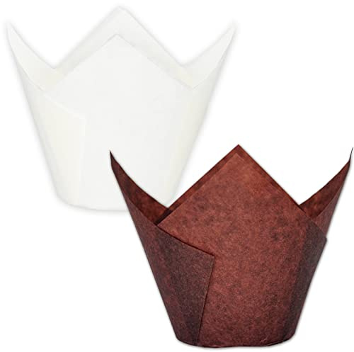 MyBakning (Jumbo Extra Large Size) Brown+White Tulip Baking Cups 2-1/4(Base Diameter) x 3-3/4(Wall Height) Greaseproof Paper Baking Cupcake Muffin Liners, Case of 130 pcs