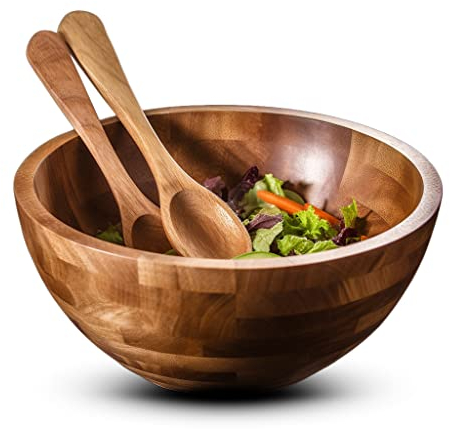 Palm Naki Premium Acacia Wood Salad Bowl and Servers Set - 3 Piece, Sustainable & Durable - Available in Two Sizes - Elegant and Rustic Design for Home, Kitchen, and Dining (10 x 6)