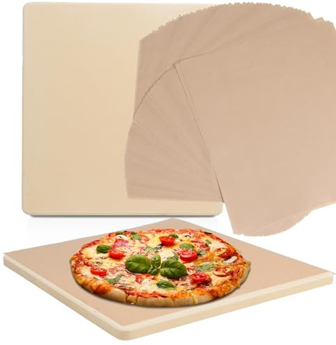10 Inch Small Pizza Stone with Parchment Paper(50 pcs) for Camp Oven 10”x11”x0.5”, Garpernics Rectangular Cordierite Baking & Grilling Stone for Grills and Air Fryers Fit for Coleman Camp Oven