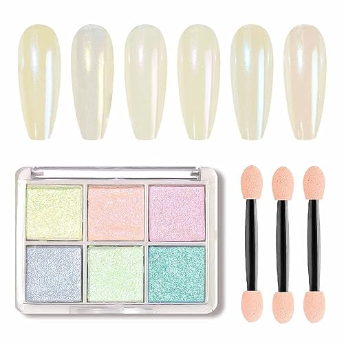 GZMAYUEN Mermaid Chrome Nail Powder Aurora Powder Mirror Effect Pigment, 6 Colors Iridescent Mica Pearl Glitters for Nails Nail Art Decoration with 3 Sponge Brushes