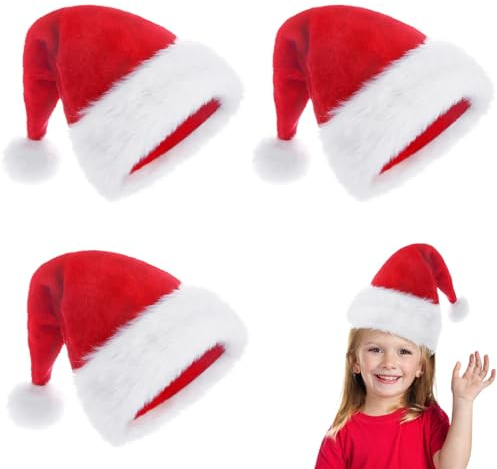 3 Stück Plüsch Nikolausmütze,Warm Dicker Nikolaus Mütze für Kinder Weihnachtszubehör,Deluxe-Weihnachtsmannmützen mit Samt und Plüschbesatz für Weihnachts Neujahr Geschenke Weihnachtsfeier Lieferungen