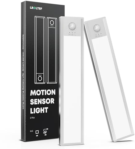 LROLTEF Under Cabinet Kitchen Lights Motion Sensor Dimmable 30cm 2200mAh 6500K LED Under Counter USB-C Rechargeable Wardrobe Sensor Indoor Night Lights for Kitchen Shelf Stairs Closet 2 Pack