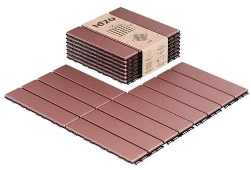 IDZO Plastic Interlocking Deck Tiles - 9PCS Waterproof Outdoor Flooring, All Weather Use Patio Tiles, Decking Stripe Pattern, 12 x 12 x 0.7 Inches, Dark Brown