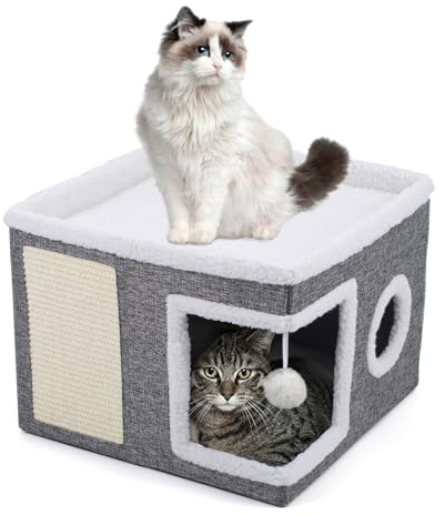 Faltbares Katzenhaus Indoor große Katzen, 43L x 43B x 32H cm Große Katzenhöhle mit Kratzbrett und Spielball, 2 Schicht Katzen würfel, Katzenhaus Höhle für kleine und mittlere Haustiere