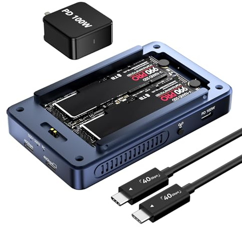 ANYOYO Dual-Bay NVMe SSD Enclosure 40Gbps RAID 0/1 JBOD for Thunderbolt 4/3 & USB4 Mac mini M4 Mac Studio MacBook Pro, Aluminium RAID SSD Case with Dual Fans & 100W PD (Dual 4K Dock TBU405Pro MAX)