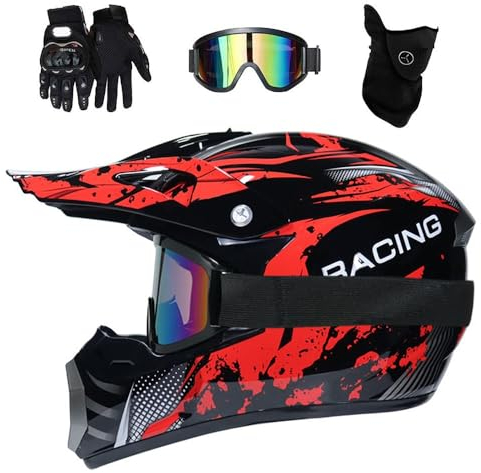Adulti Bambini MTB Casco da Motocross, con Occhiali Guanti Maschera, Gioventù Integrale Fuori Strada ATV Casco da Moto, Discesa Dirt Bike MX Quad Bici Enduro Schianto Casco ( Color : E , Size : S/52-5