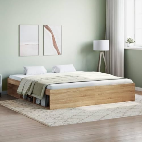DJEKA Bett 180x200 mit lattenrost Holz Bettgestell 180x200 Holz Holzbett 180x200 Doppelbett mit 6 Fächer-Sonoma Eiche-180 x 200 cm