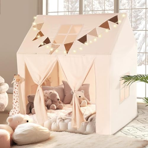 NIUEVLRS Kinderzelt mit Matte, Spielzelt für drinnen, Spielhaus für Kinder im Freien, Kinderspielzelt mit Fenstern und Aufrollbarer Tür für Jungen und Mädchen, Lichtern und Flaggen, 132 x 90 x 132 cm