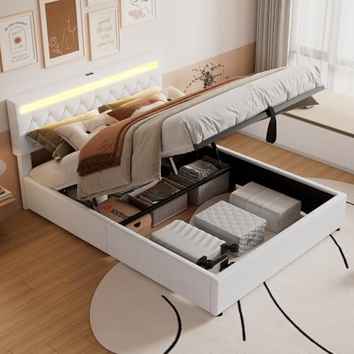 Polsterbett 160x200, LED Doppelbett mit USB Typ C Anschluss&Großer Stauraum, Bett Hydraulisch Stauraumbett Funktionsbett Rückenlehne Bettgestell Jugendbett mit Lattenrost, Leinen, Ohne Matratze, Weiß