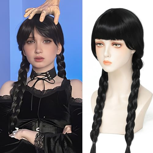 PARXITN Cosplay Perücke Einstellbare Passform lange doppelte geflochtene Perücken mit Pony Halloween Perücke Schwarz für Party Karneval für Damen
