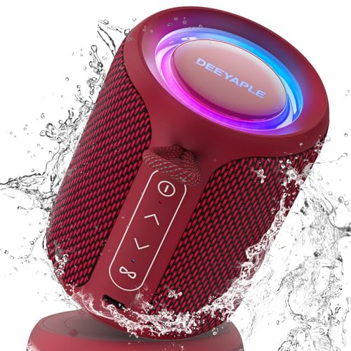 Deeyaple Bluetooth Lautsprecher Klein Tragbarer Musikbox 5.3 IPX7 Wasserdicht Kabellose Stereo Pairing Freisprech RGB Licht für Outdoor Camping Garten Party Reise (Rot)