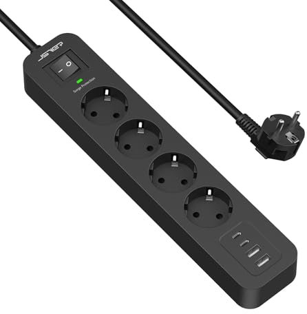 JSVER Multiprise Parasurtenseurs USB 4 Prises avec 2 Ports USB A+2 Ports USB C Chargeur (5V3,4A) Multiprises parafoudre et surtension avec Cable 2m pour Smartphone, Maison, Bureau-Noir
