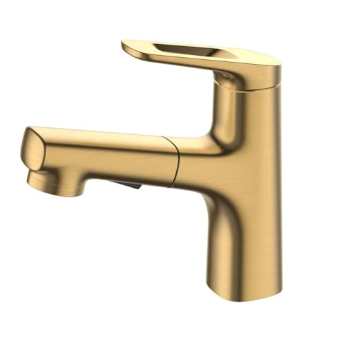 Wasserhahn Bad Waschtischarmatur Mit Ausziehbar Brause Messing Einhebel Mischbatterie Waschbecken Armatur Mit 2 Wasserstrahlarten, Badarmatur Waschtischbatterie Badezimmer, Gebürstetes Gold