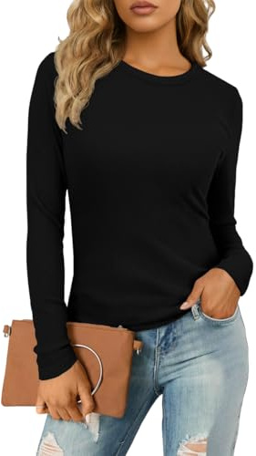 IWOLLENCE Basic Tops Women Ribbed Knit Round Neck Long Sleeve T Shirts Women Basic T-Shirt Y2k Slim fit Tee Tops