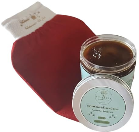 Savon noir Naturel Euclayptus-Visage et Corps-Exfoliation profonde. Élimine les impuretés et les cellules mortes ; Purification Intense-Hydratant-200g- Gant Offert.