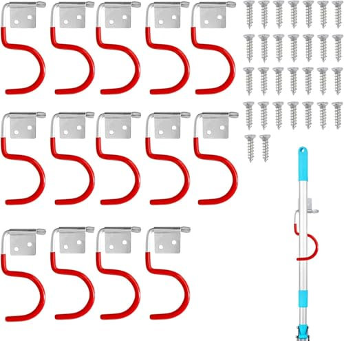 Supporto per attrezzi da giardino, 15 pezzi, ganci rossi, con 30 viti, porta scopa, porta attrezzi, gommatura attrezzi da giardino, supporto per attrezzi da giardino per sistemi di organizzazione