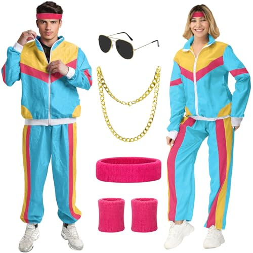 Alintor 80er Jahre Outfit Herren Damen, 90er 80er Trainingsanzug mit Hippie Accessoires, New Kids Disco Kostüm Herren Damen, Hippie Kostüm Herren Damen für Mottoparty Fasching