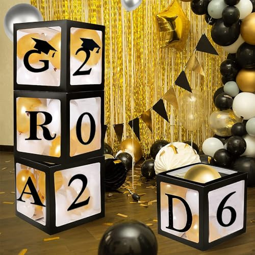 Ballonboxen für die Abschlussfeier 2026 – 4er-Pack schwarze Ballonboxen mit den Buchstaben „GRAD“, „Class of 2026“ und „Proud of You“ für College- und Highschool-Abschlussfeier-Dekorationen
