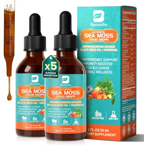 Sea Moss Drops - Irish Sea Moss Chlorophyll Liquid with Black Seed Oil, Ashwagandha, Moringa, Turmeric, Elderberry, Mullein, Seamoss Gel Supplement for Gut & Liver Cleanse, Immune Support - Vegan 2 Oz