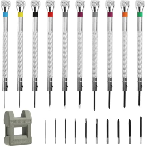 Lot de 21 tournevis de précision pour horloger - 0,6 à 1,6 mm - Pour bijoutiers, montres, lunettes, horloges, bijoux, outils de réparation (10 tournevis, 10 embouts, 1 démagnétiseur)