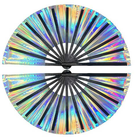 Goiern 1 Stück Große Faltbare Rave Handfächer, Klack-Handfächer, Holographische Laser-Farben Handfächer, für Festivals, Regenbogen-Outfits, Disco Party, Heimdekoration