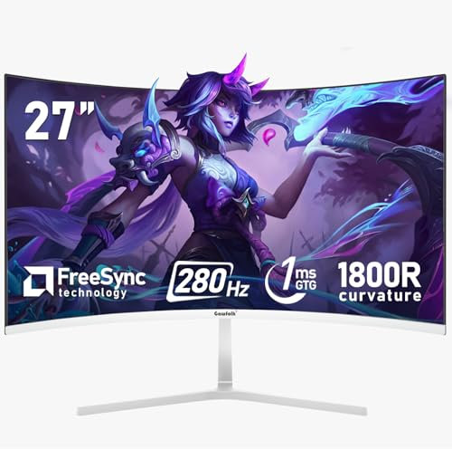 Gawfolk 27 pouces 280 Hz incurvé moniteur d'ordinateur de jeu, 1800R, FHD 1080P, 98 % sRGB, 1 m, FreeSync, 178 ° grand angle, HDMI、DisplayPort, Compatible avec le montage mural 100 x 100 mm - blanc