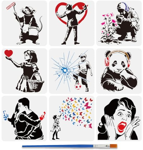 FINGERINSPIRE 9 Stück Banksy Malschablone Mit Pinsel 30x30cm Malen Ratte Graffiti Mann Fußball Junge Tiefe Gedanken Panda Zeichenvorlage Umarmendes Paar Schreiende Frau Muster DIY Schablone