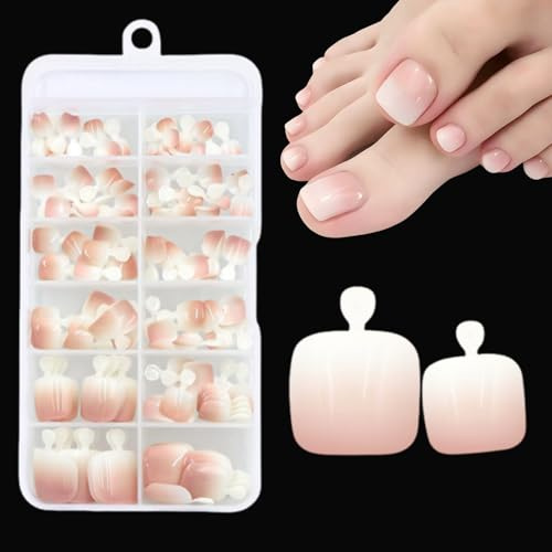 Falsche Fußnägel, Gradient Natürliche Künstlich Fußnägel zum Aufkleben, Full Cover Toe Nails Tips für Frauen, 12 Größen, 120 Stück (Nude Pink Gradient)