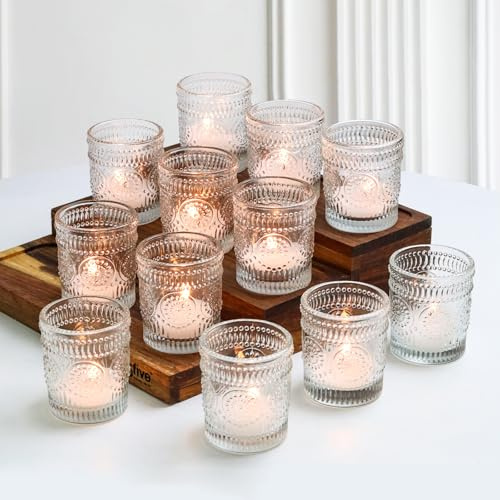 12er Set Teelichtgläser Glas, Vintage Teelichthalter mit Relief-Muster, Kerzengläser für Votivkerzen, Kerzenhalter Glas als Tischdekoration für Hochzeit, Geburtstag, Party & Ganzjährige Wohndeko