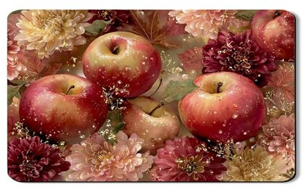 Fruits Floral Dish Drying Mats For Kitchen, Vintage Red Fruits Absorbent Rubber Drainer Mat, Autumn PU Leather Drying Pad For Counter Coffee Bar 12x20 Inch