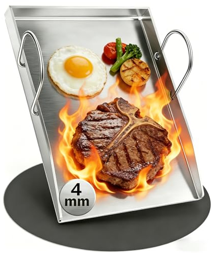 Denmay Plancha de acero inoxidable para barbacoa Weber, Enders, Burnhard, Rösle videro, 40 x 30 cm, accesorio para barbacoa de gas y parrilla de carbón, 4 mm de acero inoxidable macizo con mango