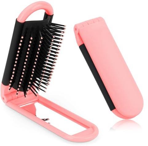 OSDUE Cepillo de Pelo de Viaje con Espejo, Compacto Cepillo de Pelo Plegable con FuncióN de Masaje, Mini Bolsillo Cepillo de Viaje para Gimnasio, Viajes, Herramientas de Peinado Rosa