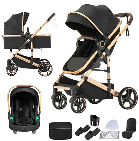 Shineey Kinderwagen 3 in 1, Alltags Buggy Faltbarer Kinderwagen Set, Kombikinderwagen 3 in 1 mit Großer Bequemer Babywanne, Laufwagen Rahmen Aluminiumlegierun (H9 BLACK, H9)