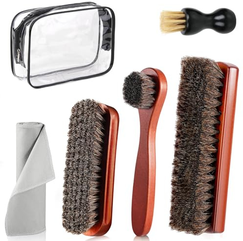 Zyiphor Set Spazzole per Scarpe, Kit da 6 Pezzi per La Pulizia Delle Scarpe, Spazzole di Alta Qualità in Crine di Cavallo, inclusi Panno per La Pulizia e Sacchetto per La Conservazione