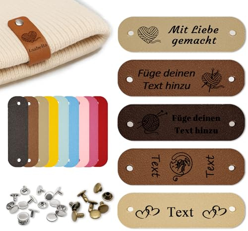 LJSCQF 12 Stück Personalisierte Leder Etiketten, Individuelle Handgefertigte Lederetiketten Mit Nieten, DIY Handgemachte Etiketten für Häkeln Kleidung Hüte Schals Handschuhe (Breiter Kreis)