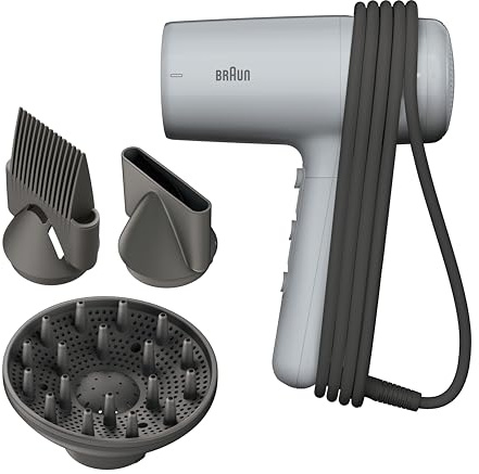 Sèche-Cheveux Braun HD2.35, Puissant avec Diffuseur, Peigne Lisseur et Concentrateur, Technologie IONTEC, Moteur 2200W avec 3 Réglages de Températures et 2 Vitesses, Finition Gris Satiné, BRHD235E