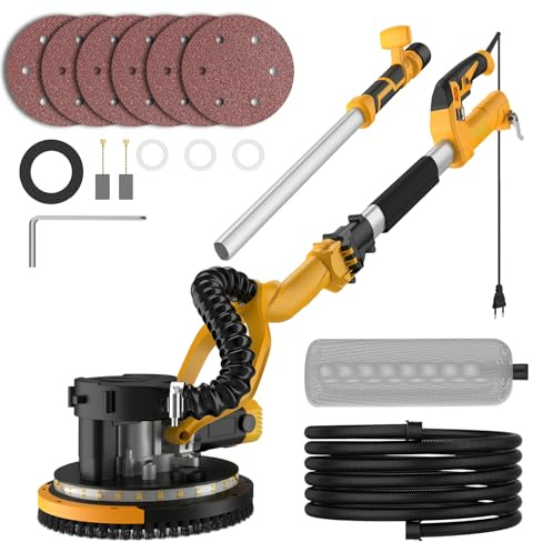 Ponceuse Girafe avec Aspirateur 880W,Électrique Pliable Ponceuse Murale Aspiration,5 Niveaux Vitesses 2100RPM Vitesse,Dépoussiérage Automatique,LED Polisseuse Meuleuse Plafond Manche Télescopique