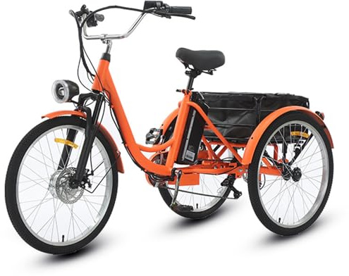 EaThsalL 24 tum elektrisk trehjuling A lämplig för höjd 160–185 cm 3 trehjuliga hjul vuxen lastcykel elektrisk lastcykel lastkapacitet 200 kg med shoppingvagn orange