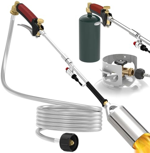 High BTU Propane Torch Weed Burner Kit - Heavy Duty Blow Torch with 10FT Braided Hose & 1lb Propane Tank Adapter | Turbo Trigger for Weeding, Roofing, Ice Melting (Propane Tank NOT Included)