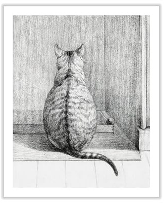 Poster Master Sitting Cat Canvas - Etching Cat from Behind Print - Sketch Art - Gift for Men, Women & Animal Lover - Minimal Decor for Living Room or Bedroom - 24x32 ROLLED Canvas