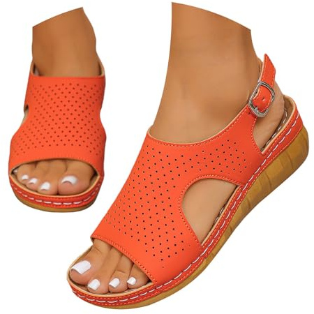 Sandaler, damer, sommar, bekväma med fotbädd, sandaletter, sommarskor – kilklack, Slingback, damsandaler, kilsandaler med spänne, öppen tå, remsandaler, stora storlekar, fritidssandaler, apelsin, 39