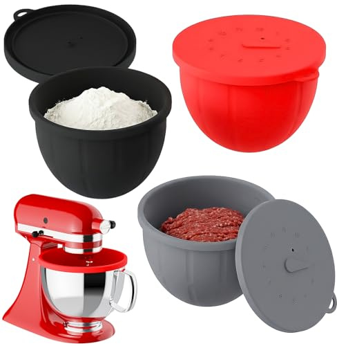 Gvode 3er Set Silikoneinsatz mit Deckel für KitchenAid Schüssel 4,5-5 QT | Silikoneinsatz Zubehör für KitchenAid Rührschüssel Kippkopf, Antihaft, Geruchsneutral, Schwarz/Rot/Grau