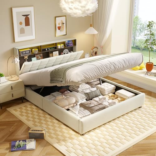 Bett 140x200 mit Coole LED und USB C, Polsterbett Samt Hydraulisches Stauraumbett mit Staubschutzmatte und Multifunktional Kopfteil,Doppelbett mit Lattenrost 140x200 aus Holz,Metallrahmen(Beige-500KG)