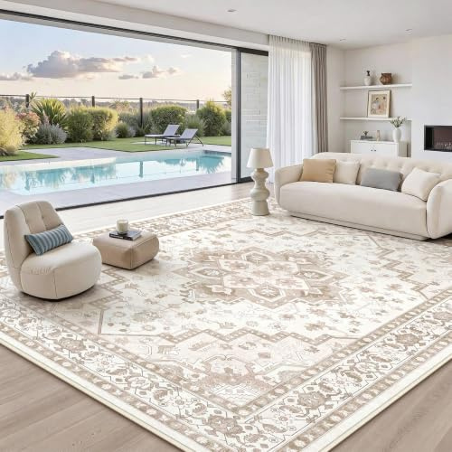 FVVRAX Vintage Large Rugs Living Room 160x230cm Soft Beige Rugs for Bedroom | Machine Washable Rug with Anti-Slip TPR Backing, Area Rug Low Pile Kids Pet Friendly Carpet for Lounge Kitchen Office Nursery