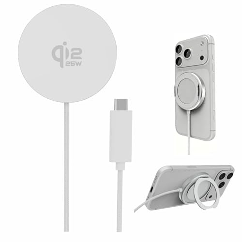 25W Magnetic Wireless Charger :Qi2.2 Qi2 Compatible with MagSafe Fast Charger for iPhone Air 17e 17 16 15 14 Pro Max Samsung Galaxy S26 S25 Google Pixel 10 & AirPods, With Kickstand (White)