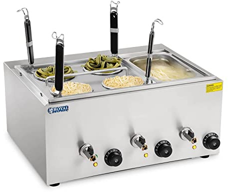 Royal Catering Nudelkocher Pastakocher (3 x 4 L, 3 x 1000 W, 30-110 °C, 4 Körbe, GN 1/3 Behälter, Ablasshahn, 50,7 x 60,5 x 50 cm, Edelstahl)