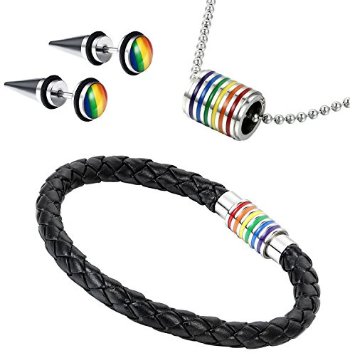 Aroncent 2-5PCS Herren Damen Schmuck Set Lederarmband Regenbogen Charms Kette Rainbow Halskette Armband Armreif Leder Armschmuck Edelstahl Dog Tag Kugel Kreis Spike Ohrstecker Ohrschmuck Mehrfarbig